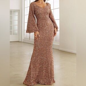 #731 Champagne Gold Sequins V Neckline Tea-Length Gown-2X/18-20